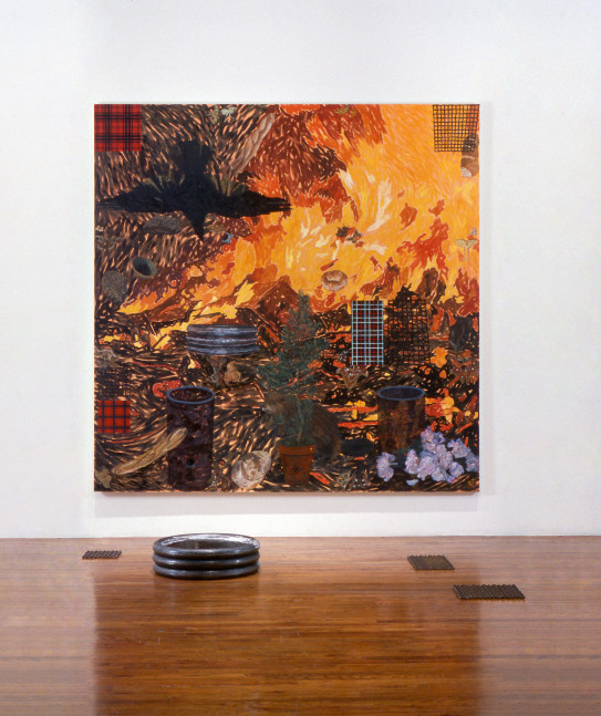 Jennifer Bartlett Beaver: Man Carrying Thing, 1989 painting: oil on canvas, steel grids and stacked steel ring: welded and rolled steel painting: 107 7/8 x 106 7/8 x 1 1/2 in. (274 x 271.5 x 3.8 cm)  steel rings: 7 x 26 x 26 in. (17.8 x 66 x 66 cm) steel grid (1): 5/8 x 9 x 9 in. (1.6 x 22.9 x 22.9 cm)  steel grid (2): 5/8 x 14 x 14 in. (1.6 x 35.6 x 35.6 cm) steel grid (3): 5/8 x 9 x 17 in. (1.6 x 22.9 x 43.2 cm)