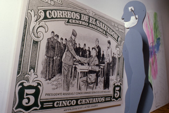 Jonathan Borofsky &quot;Green Tilted El Salvador Painting with Chattering Man at 2,845,317&quot; 1982-83 Silkscreen on raw duck canvas 76&quot; x 109&quot; Man: Aluminum, wood, primer, Bondo, electric motor, speaker 82 1/2&quot; x 23&quot; x 13&quot;