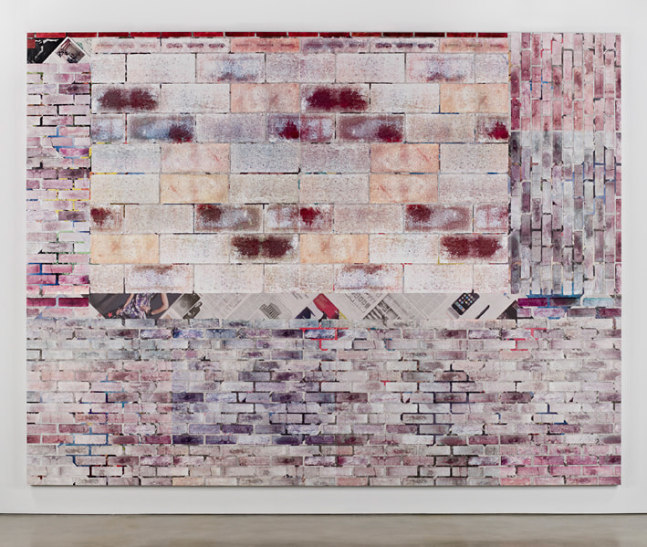 Kelley Walker "Untitled" 2008 Four-color process silkscreen on canvas with The New York Times, Sunday, October 5 2008 114 x 150 in