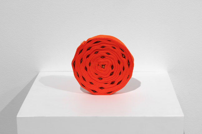 Veronica Ryan, Untitled, 2020, coiled fabric strap, nut, metal pin, 8 1/2 x 8 1/2 x 1 1/8 in. (21.6 x 21.6 x 2.9 cm)
