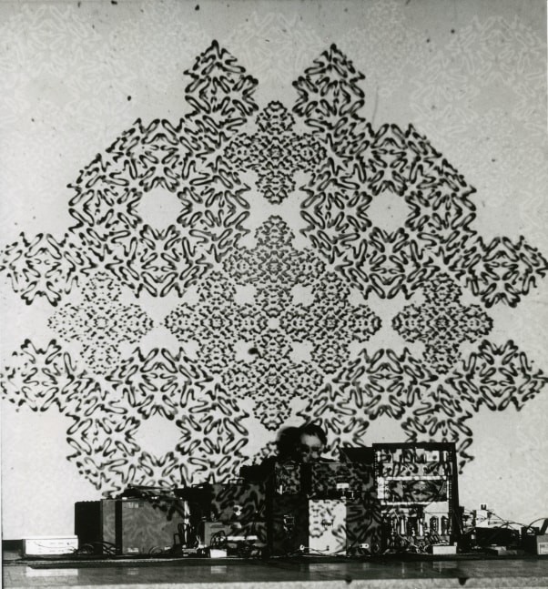 Peter Moore La Monte Young with Marian Zazeela projection, February 17, 1968 gelatin silver print image: 8 1/4 x 7 3/4 in. (21 x 19.7 cm) paper: 10 x 8 in. (25.4 x 20.3 cm) frame: 16 1/2 x 12 1/2 x 3/4 in. (41.9 x 31.8 x 1.9 cm)