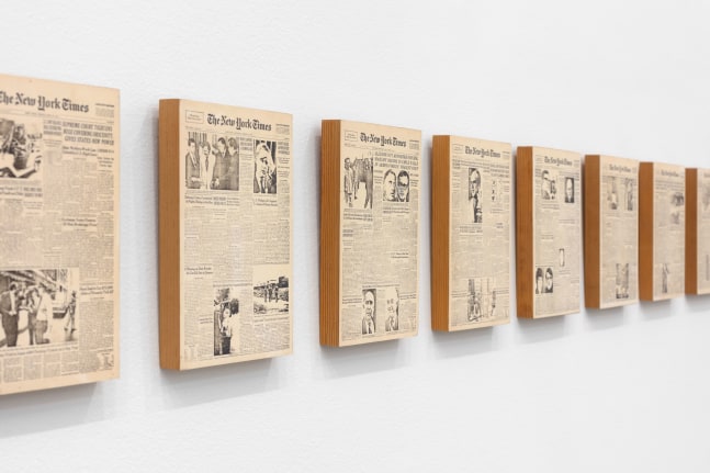 Side detail of Sarah Charlesworth's piece Historical Materialism: Chile Series (for O.L.) (Trial Proof), 1976-1977. 25 photostat prints mounted on wood panel