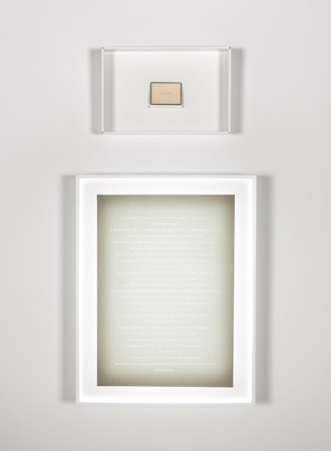 Sophie Calle Pas pu saisir la mort, 2007 2 elements: backlit engraved porcelain plaque in frame & hair on resin in white box frame plaque: 21 x 16 1/4 in. (53.3 x 41.3 cm) box frame: 11 3/4 x 7 7/8 in. (29.8 x 20 cm)