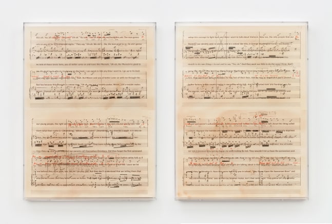 Charles Gaines Librettos; Manuel de Falla/Stokely Carmichael, Set 9, 2015 printed ink stained paper and lightjet print on acrylic 2 panels @ 36 x 27 x 3 1/2 in. (91.4 x 68.6 x 8.9 cm)  overall: 36 x 56 x 3 1/2 in. (91.4 x 142.2 x 8.9 cm)