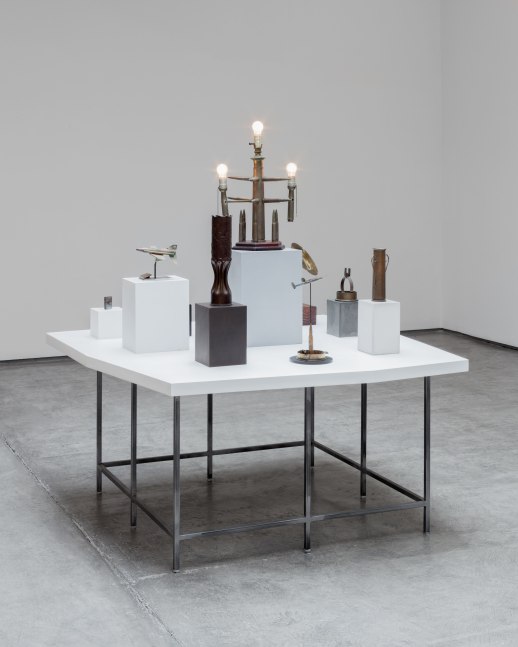 Sam Durant “An Ingression of the Superstructure Into the Base”, 2014 found objects, light bulbs, plaster, wood, marble, steel, wood, MDF, acrylic, gauche, (fabrication Chris Dyson)  overall 65 1/2 x 56 1/2 x 57 in. (1.3 x 143.5 x 144.8 cm)