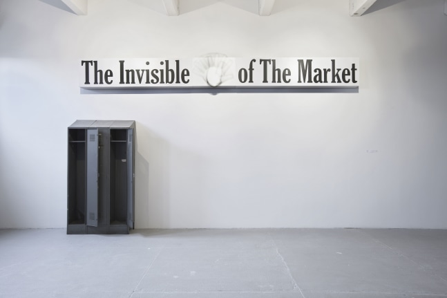 Hans Haacke
The Invisible Hand of the Market, 2009
vinyl, motor, mount capacitator, Sintra, kinetic hardware; unique
dimensions variable
text panel with hand: 21 3/4 x 214 x 10 in. (55.2 x 543.6 x 25.4 cm)