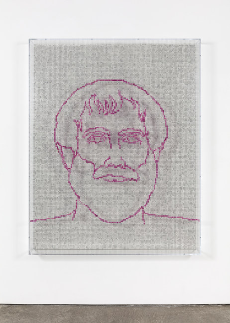Charles Gaines Faces 1: Identity Politics, #1, Aristotle, 2018 acrylic sheet, acrylic paint, lacquer, wood 74 x 59 1/8 x 5 3/4 in. (188 x 150.2 x 14.6 cm)