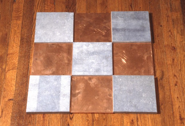 Carl Andre &quot;Copper Blue Even Nuner&quot; 1990 Copper and limestone overall: 7/8 x 23 3/4 x 23 3/4 in.