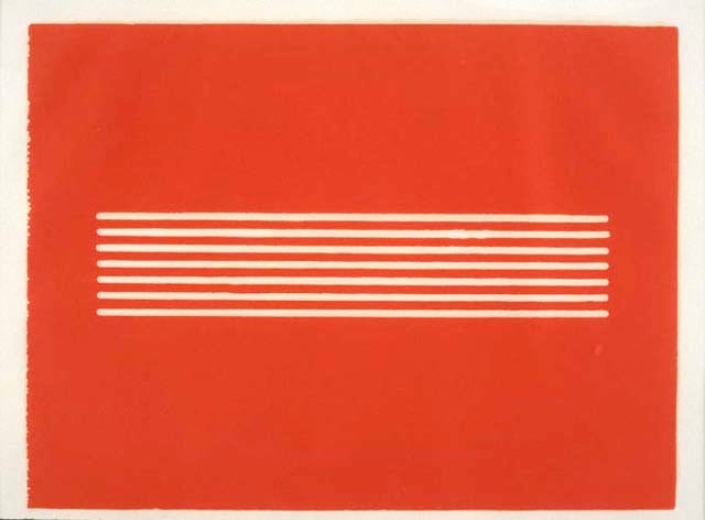 Donald Judd "Untitled" 1962-79 Woodcut in cadmium red on offset paper 21 3/16" x 28 9/16"