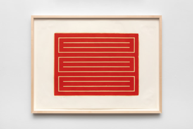 Donald Judd Untitled, 1962-1979 woodcut in cadmium red on offset paper paper: 21 15/16 x 29 1/4 in. (55.7 x 74.3 cm) image: 14 3/8 x 19 5/8 in. (36.5 x 49.8 cm) frame: 22 3/4 x 30 1/4 x 1 3/4 in. (57.8 x 76.8 x 4.4 cm) Edition of 25