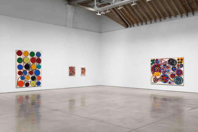 Installation view, Atsuko Tanaka, Yayoi Kusama,  Paula Cooper Gallery, New York, May 8 - June 14, 2025. Courtesy Paula Cooper Gallery, New York.Photo: Steven Probert.