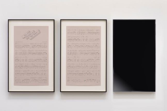 Charles Gaines Sound Text #1: All on Account of the Tariff, 2015 graphite on printed paper, single channel video, monitor 2 drawings each: 35 x 21 in. (88.9 x 53.3 cm) frame: each: 44 x 28 x 1 1/2 in. (111.8 x 71.1 x 3.8 cm) monitor: 44 x 27 1/2 x 3 in. (111.8 x 69.9 x 7.6 cm) overall: 44 x 92 in. (111.8 x 233.7 cm)