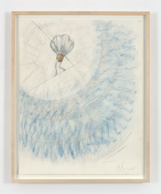 Claes Oldenburg &amp; Coosje van Bruggen Shuttlecock on a High Wire, in the Rotunda of the Guggenheim Museum, 1995 graphite and pastel on paper 29 x 23 1/16 in. (73.7 x 58.6 cm); frame: 32 x 26 in. (81.3 x 66 cm)