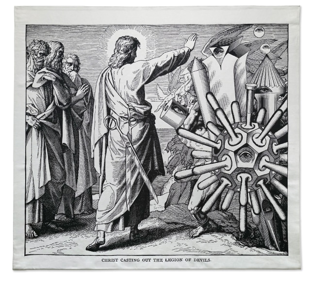 Bruce Conner CHRIST CASTING OUT THE LEGION OF DEVILS, 2003 cotton, fire-retardant polyester, and wool Jacquard tapestry 104 1/2 x 115 in. (265.4 x 292.1 cm) Edition of 6