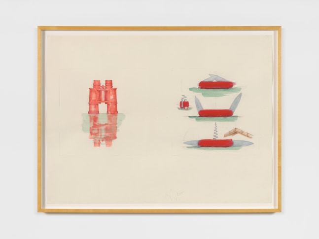 Claes Oldenburg 
Design for a Theater Library for Venice in the Form of Binoculars and Coltello Ship in Three Stages, 1984
pencil, colored pencil, chalk, watercolor
paper: 29 3/4 x 40 in. (75.6 x 101.6 cm)
frame: 32 7/8 x 43 in. (83.5 x 109.2 cm) signed and dated recto: &amp;quot;CO &amp;#39;84&amp;quot;