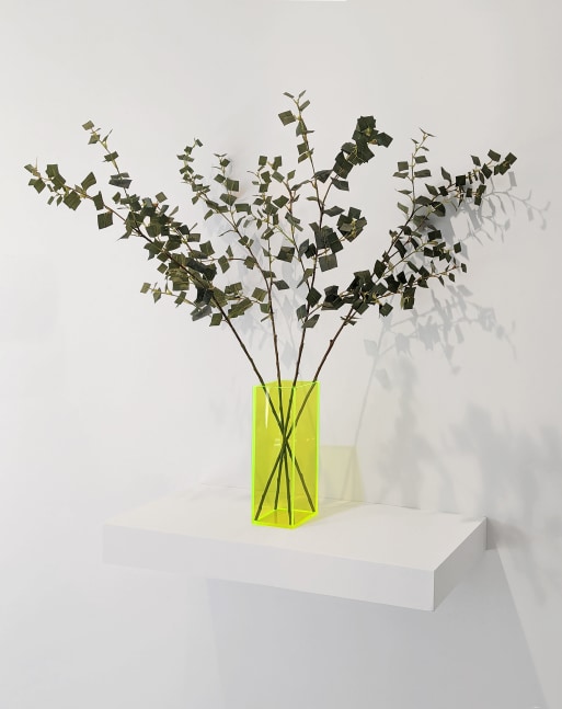 Jane Benson, Faux Faux (Florescent Yellow), 2022, hand-cut artificial plant and plexiglass 30 x 26 x 30 in. (76.2 x 66 x 76.2 cm)