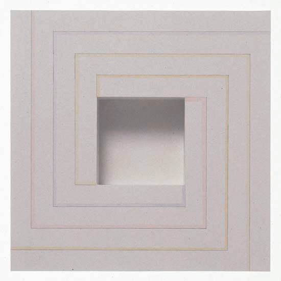 Jackie Winsor &quot;Inset Wall Piece White with Four Color Four Wide Lined Spiral&quot; 1995 Plaster and watercolor 18&quot; x 18&quot; x 4 1/2&quot;
