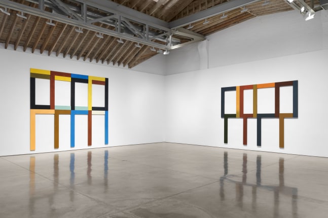 Installation view of Asturias 3 (2022) and Asturias 1 (2022) in David Novros: Wall Paintings, Paula Cooper Gallery, New York, October 28 - December 2, 2023.