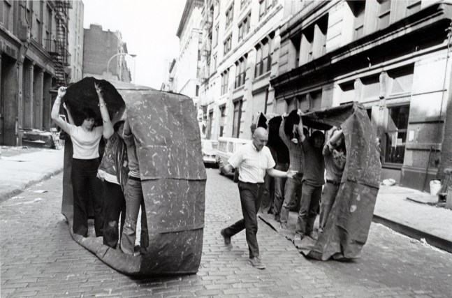 Peter Moore, George Maciunas refereeing "Team Canvas Loop Run" by Robert Watts, Flux Game Fest, Wooster Street, NY, May 19, 1973 gelatin silver print image: 6 x 9 in. (15.2 x 22.9 cm)