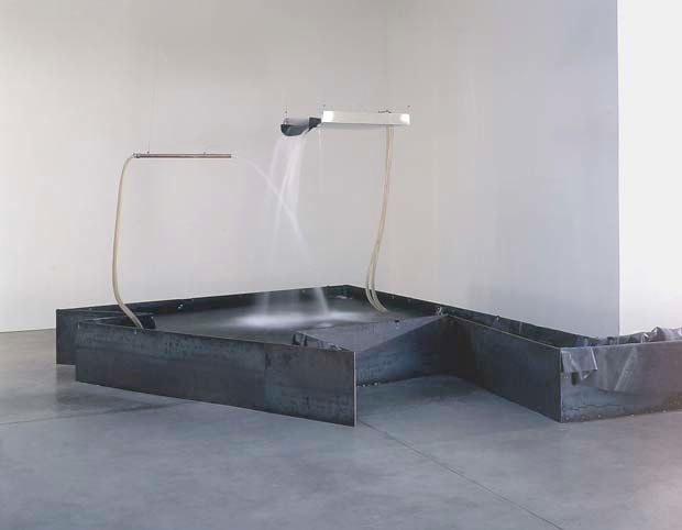 Meg Webster "Interacting Falls - Plain and Shooter" 2000 Ceramic tiles, stainless steel, plastic tubing, airline table, water 9'5" x 42" x 9'