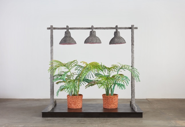 Evan Holloway Two Ferns, 2017 steel, cardboard, CelluClay, Cel-vinyl and acrylic 89 3/4 x 96 1/4 x 64 in. (228 x 244.5 x 162.6 cm)
