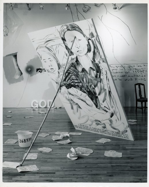 Jonathan Borofsky &quot;Cambodian Mother Painting at 2668302&quot; 1980 Charcoal on canvas, bamboo pole, littler leaflets, plastic bucket with water, tin can and welding rod 101&quot; x 58&quot;, pole 90&quot;