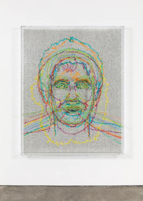 Charles Gaines Faces 1: Identity Politics, #11, Molefi Kete Asante, 2018 acrylic sheet, acrylic paint, lacquer, wood 74 x 59 1/8 x 5 3/4 in. (188 x 150.2 x 14.6 cm)
