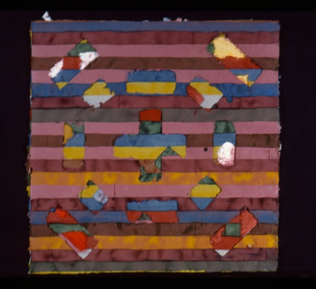 Alan Shields &quot;Kansas (Plane) Gunsmoke&quot; 1985 Watercolor, thread on three sheets handmade paper 21 1/8&quot; x 21 5/8&quot;