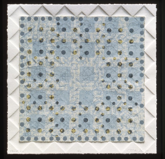 Alan Shields &quot;Wilson's Snipe&quot; 1992 Woodcut, relief, lithograph, collage in 12 colors on layered handmade paper 26&quot; x 26&quot;