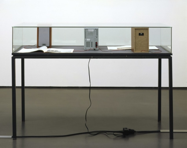 Sam Durant "Recursion" 2003 Vitrine, magazines, CD player 41.5 x 59 x 23.5 in.