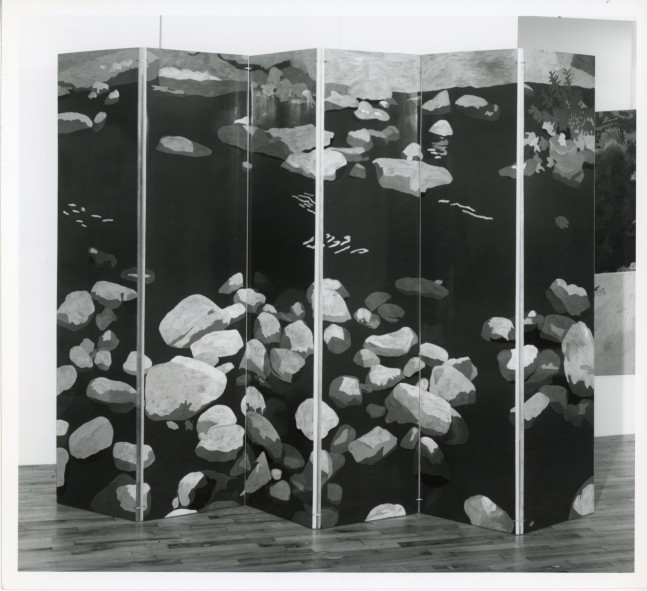 Jennifer Bartlett &quot;Up the Creek&quot; 1981-82 Folding screen, testors enamelon cherry, maple, oak, pine, poplar, walnut 6 panels: 72&quot; x 18 1/4&quot; each, 72&quot; x 109 1/2&quot;