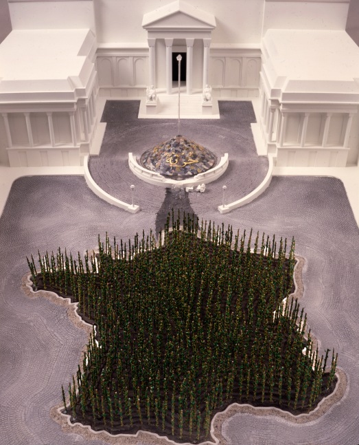 Hans Haacke
Calligraphie, 1989/2011
2 color photographs, 1 black & white photograph, text panel, architectural model
color photo: 59 x 44 in. (149.9 x 111.8 cm)
color photo: 22 1/8 x 17 3/4 in. (56.2 x 45.1 cm)
B&W photo: 22 x 26 1/2 in. (55.9 x 67.3 cm)
text: 16 3/4 x 34 in. (42.5 x 86.4 cm)
Model: 16 1/2 x 58 1/2 x 38 1/2 in. (41.9 x 148.5 x 97.7 cm)