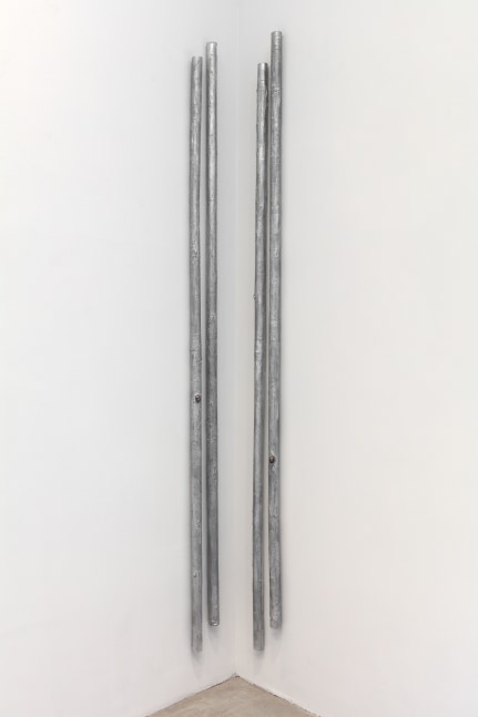 Andrei Koschmieder Untitled (Pipes 6), Untitled (Pipes 7), 2017 cardboard, aluminum paint, clay, metal, photo paper, inkjet dye, resin 93 x 5 x 2 in. (236.2 x 12.7 x 5.1 cm) each