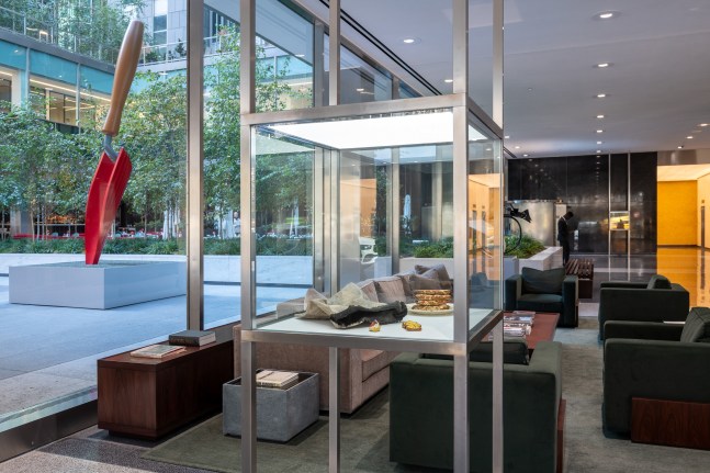 Installation view of Claes Oldenburg & Coosje van Bruggen at Lever House. © Claes Oldenburg and Coosje van Bruggen. Courtesy of the Estate of Claes Oldenburg & Coosje van Bruggen and Paula Cooper Gallery, New York. Photo credit: Timothy Schenck
