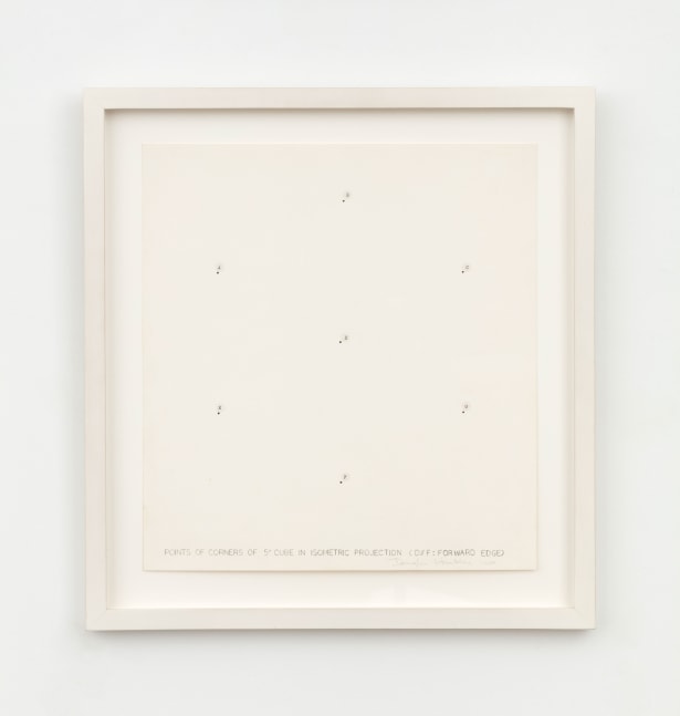 Douglas Huebler Points of Corners of 5" Cube in Isometric Projection (D//F: Forward Edge), 1968 type, pen, pencil, tape on paper 15 x 14 in. (38.1 x 35.6 cm) frame: 19 1/4 x 18 x 1 in. (48.9 x 45.7 x 2.5 cm)