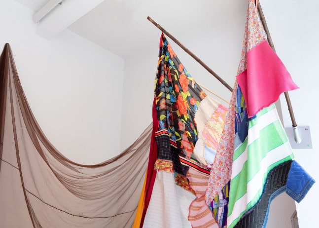 Installation view of Eric N. Mack's piece, Landlord, 2021, currently installed at Paula Cooper Gallery's window vitrine at 529 W 21st street