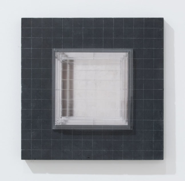 Jackie Winsor "Inset Wall Piece (1" luminescent painted grid)" 2000  Black concrete & plexi 14 X 14 X 5 in. (35.56 X 35.56 X 12.7 cm) inset in wall 4" deep