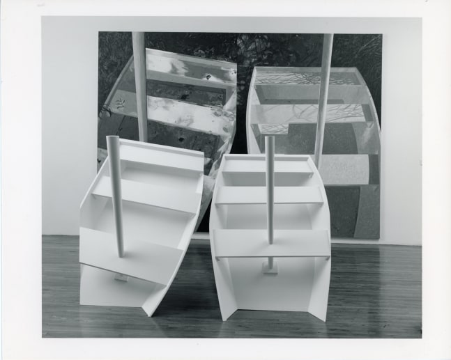 Jennifer Bartlett &quot;Boats&quot; 1987 Sculpture: Painted wood, steel support, pine masts Painting: Oil on canvas Painting: 9'10&quot; x 14' Sculpture: 66 1/2&quot; x 47 1/2&quot; x 46&quot;