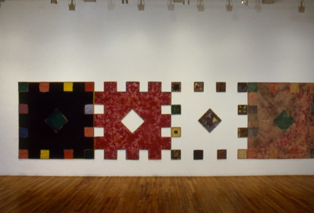 Alan Shields &quot;Mitchell Tpke&quot; 1983 Acrylic, thread, beads, string, paper on canvas 71&quot; x 284&quot;