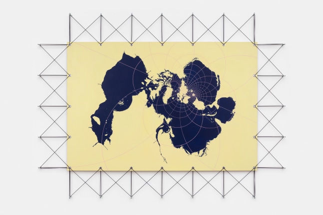 Tauba Auerbach, Stereographic (North America surrounds) III, 2021, acrylic on canvas mounted to aluminum composite panel, metal grommets, eye hooks, polyester cord, overall: 63 x 84 in. (160 x 213.4 cm). © Tauba Auerbach. Courtesy Paula Cooper Gallery, New York. Photo: Steven Probert