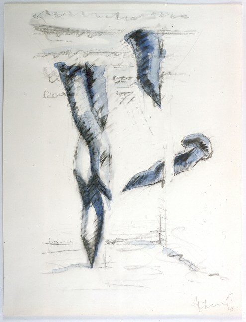 Claes Oldenburg &amp; Coosje van Bruggen Proposal for Sculpture in the Form of Nails Projecting into a Room, 1985 graphite and watercolor on paper ​30 1/16 x 23 in. (76.4 x 58.4 cm)