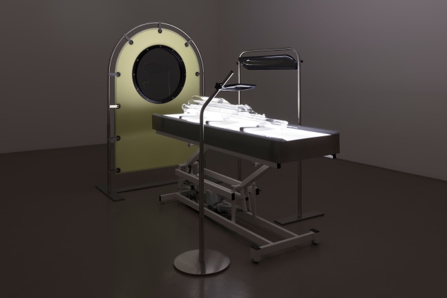 Tauba Auerbach Non-Invasive Procedure, 2018 adjustable height medical table, light box, three lenses with stainless steel supports, polarized film, plastic and glass medical table overall dimensions: 69 1/2 x 48 x 95 in. (176.5 x 121.9 x 241.3 cm)
