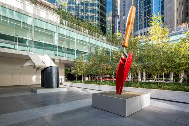 Installation view of Claes Oldenburg & Coosje van Bruggen at Lever House. © Claes Oldenburg and Coosje van Bruggen. Courtesy of the Estate of Claes Oldenburg & Coosje van Bruggen and Paula Cooper Gallery, New York. Photo credit: Timothy Schenck