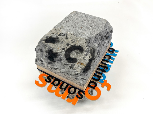 Rafael Domenech
Chanting cutting song (an ever interface), 2023
collected sidewalk concrete, plywood, laser-print on various papers, archival adhesive, book cloth
closed: 16 x 11 1/2 x 13 in. (40.6 x 29.2 x 33 cm)
open:  16 x 20  x 6 1/2 in. (40.6 x 50.8 x 16.5 cm)