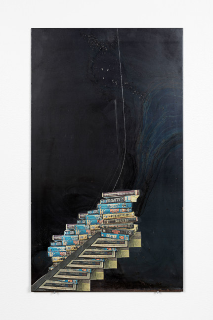Matias Faldbakken Untitled (VHS), 2015 newspaper print on steel plate 27 1/2  x 15 3/4 in. (69.9 x 40 cm)