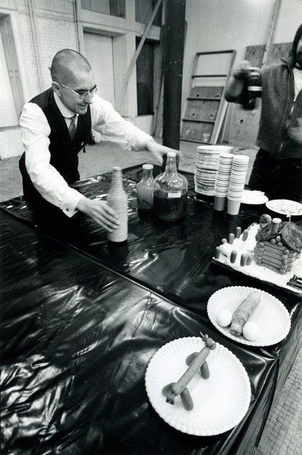Peter Moore "George Maciunas, New Year's Eve, 80 Wooster Street, NY" December 31, 1969 Gelatin silver print 9 1/2 x 6 3/4 in.