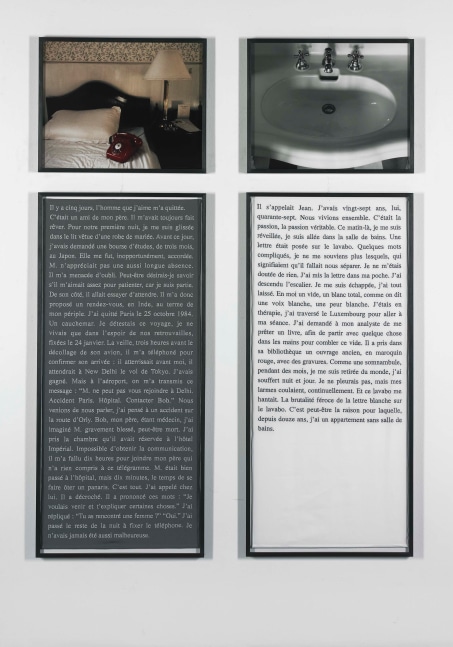 Sophie Calle "Exquisite Pain (Day 5)" 2000 2 embroidery text panels, 2 photo panels text: 51 1/8 x 23 5/8 in. photo" 18 7/8 x 23 7/8 in.