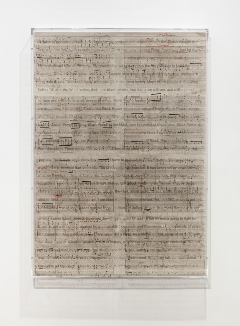 Charles Gaines Librettos: Manuel de Falla/Stokely Carmichael, #16, 2016 Printed ink stained paper and lightjet on acrylic 66 x 47 x 3 1/2 in. (167.6 x 119.4 x 8.9 cm)