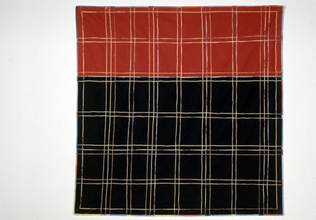 Alan Shields &quot;Flag of Hudson Avenue #1&quot; or &quot;Dinner is Served&quot; 1975 Acrylic, twince, thread, beads 88&quot; x 87 3/4&quot;