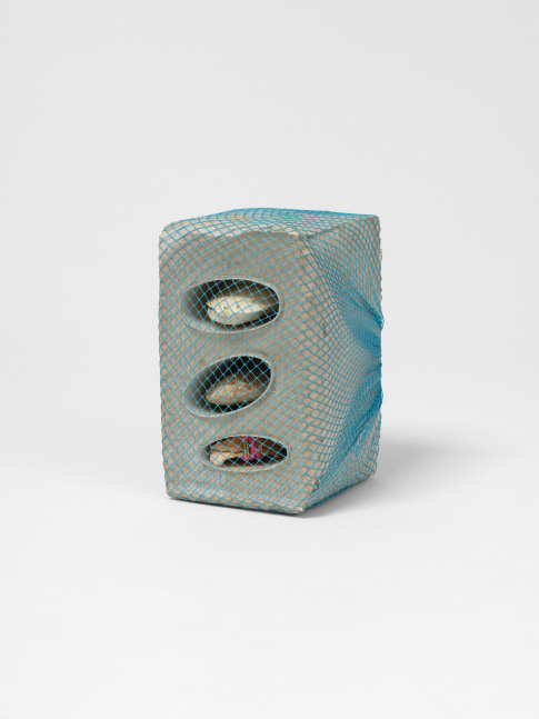 Veronica Ryan, Confines, mid-2000s/2023, hairnet, hydrocal, plastic soap bottles, plaster, colored hairband, 9 x 6 x 7 1/2 in. (22.9 x 15.2 x 19.1 cm). © Veronica Ryan. Courtesy Paula Cooper Gallery. Photo: Steven Probert